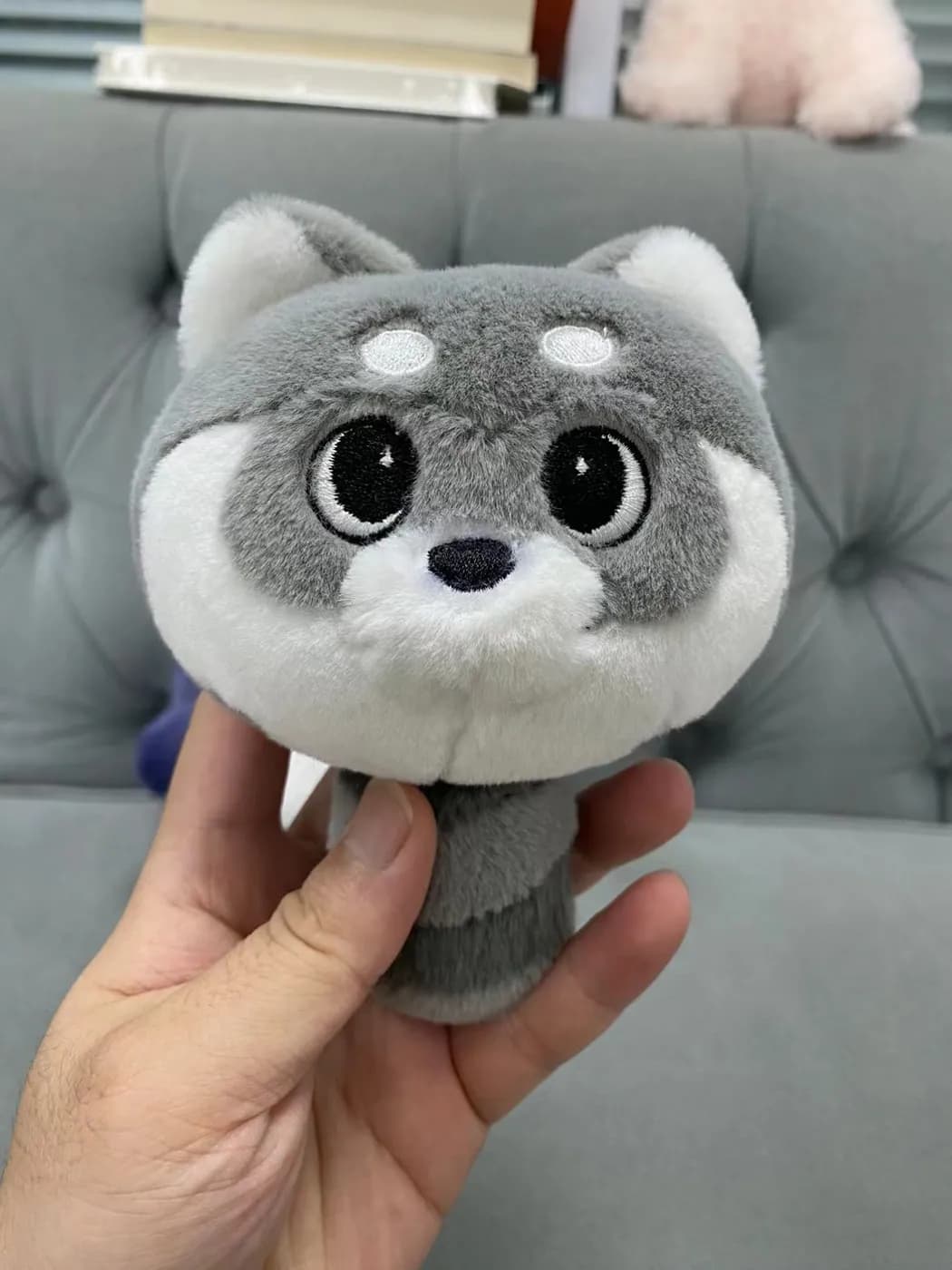 Grey shiba dog plush toy with airbrushed shading and glass-look eyes