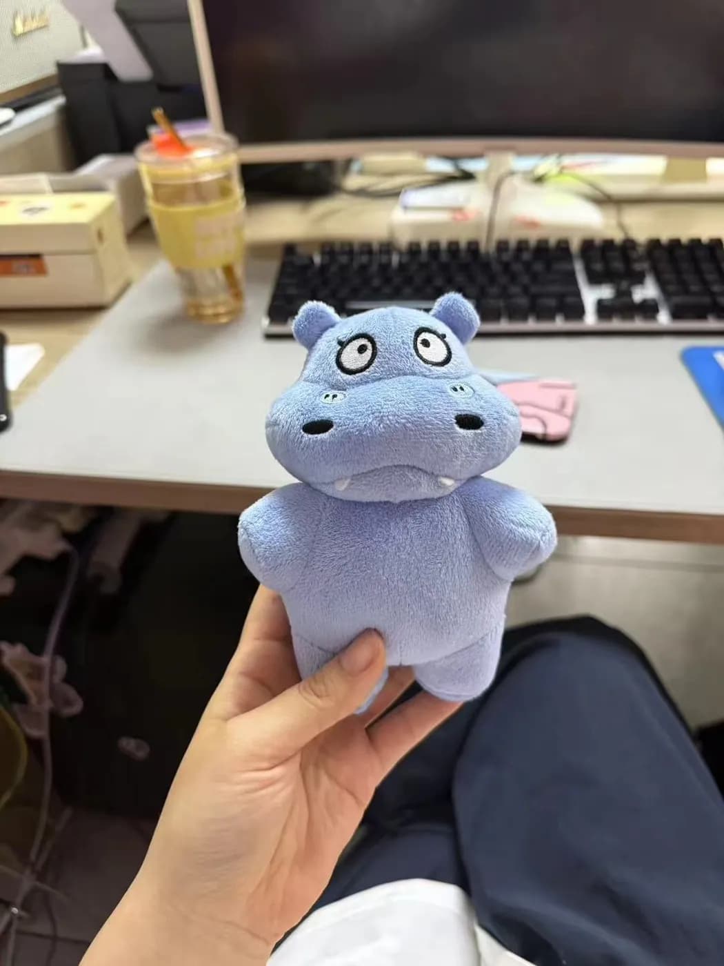 Blue hippo plush toy in short-pile velboa with a printed tongue