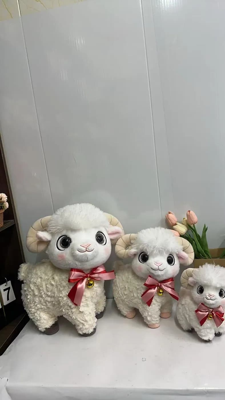 Sheep plush toys in three sizes with ribbon collars