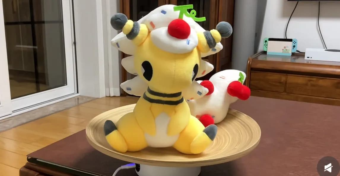 Yellow deer game character plush on a display turntable