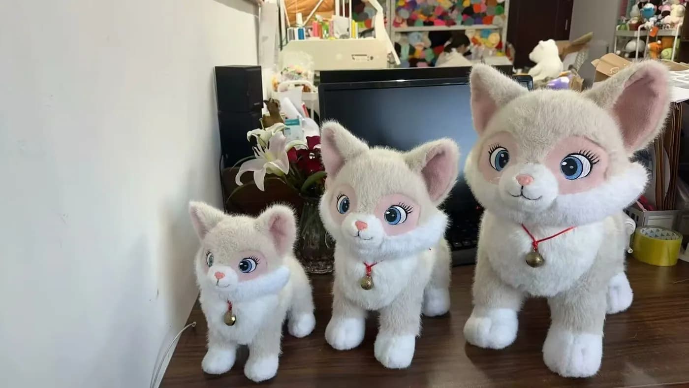 One cat plush pattern sewn at three sizes, lined up on the sample bench
