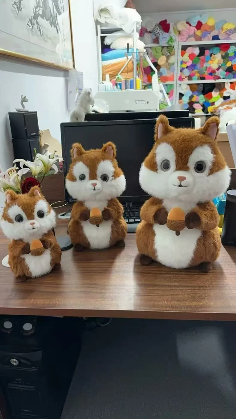 One squirrel plush design made in three sizes in our Shenzhen workshop