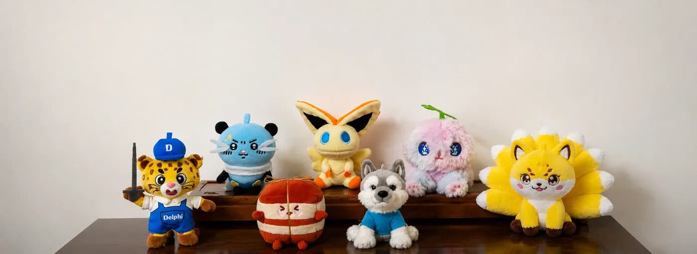 Row of character plush samples from recent production