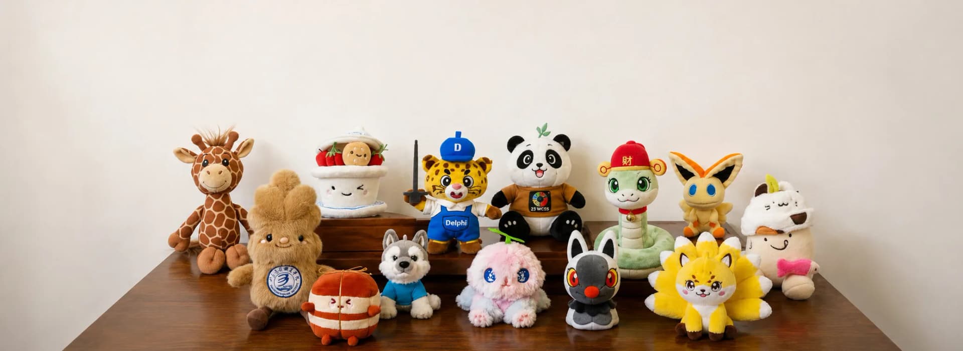 A bench of finished mascot and character plush from recent production runs
