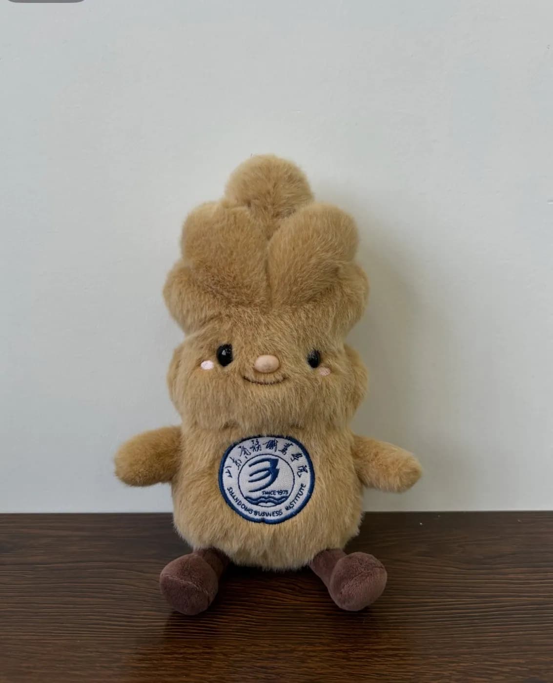 Alpaca mascot plush with an embroidered university badge