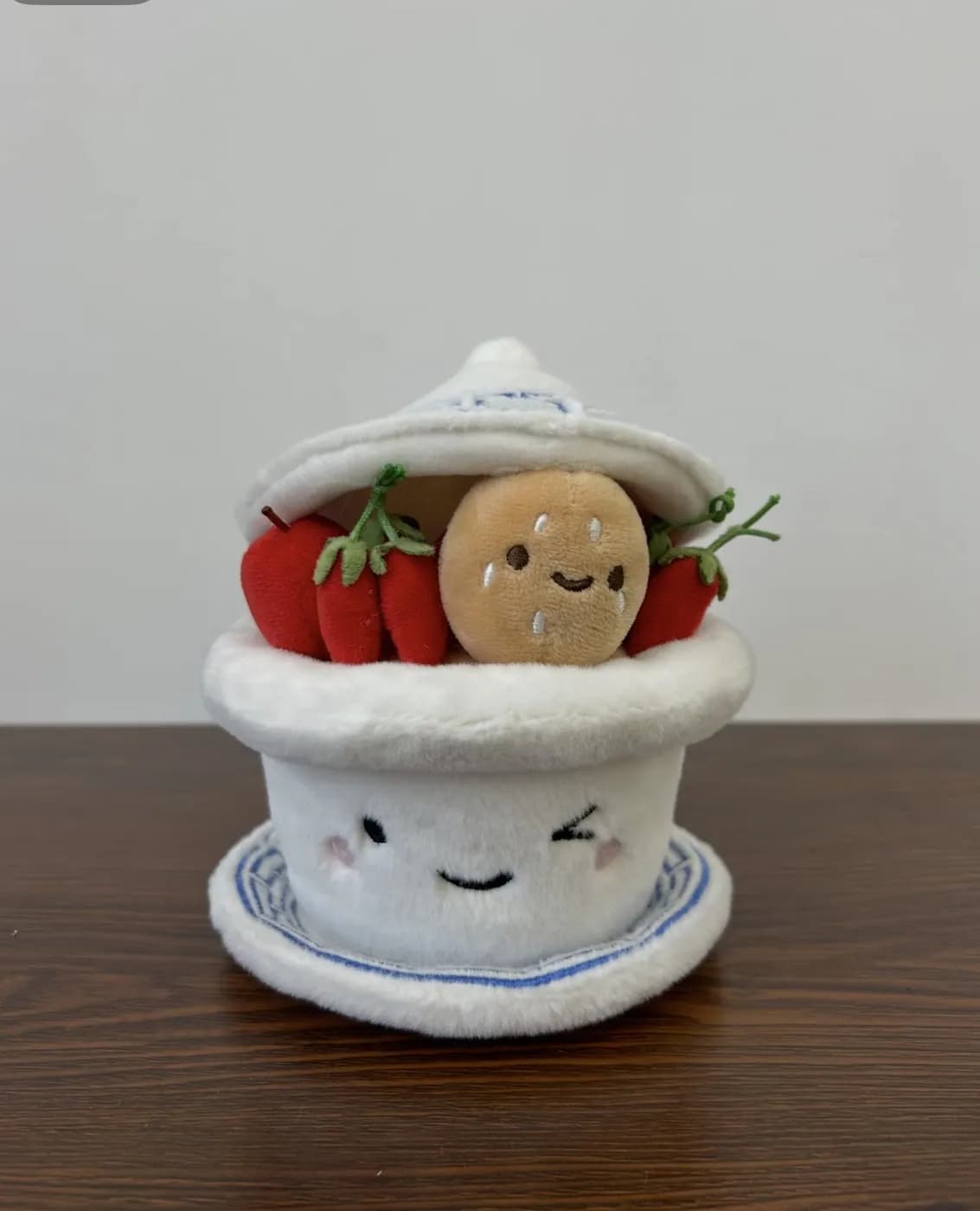 Cooking pot plush with removable strawberry and potato pieces